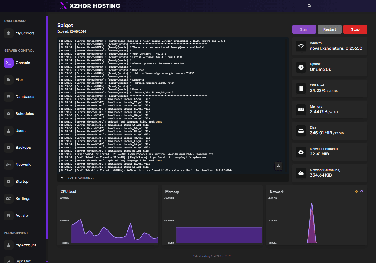 Halaman Manage Server